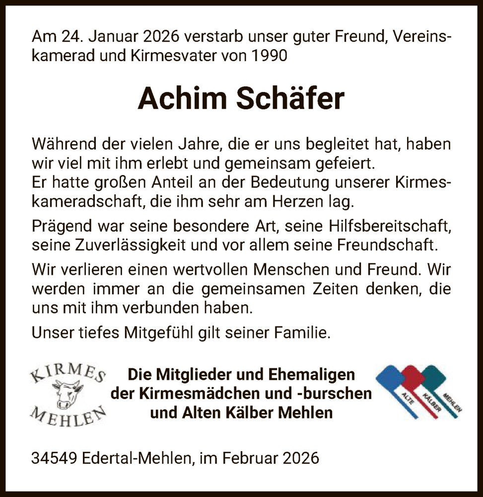  Traueranzeige für Achim Schäfer vom 07.02.2026 aus WLZ