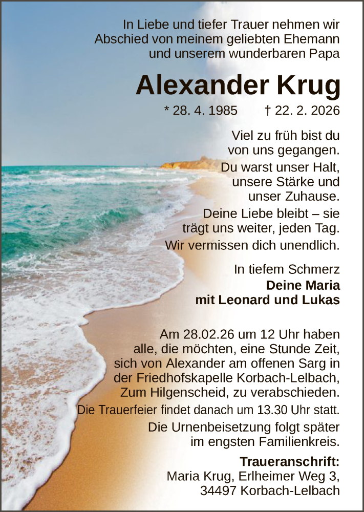  Traueranzeige für Alexander Krug vom 26.02.2026 aus WLZ