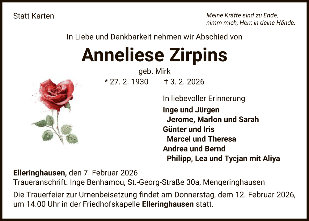  Traueranzeige für Anneliese Zirpins vom 07.02.2026 aus WLZ