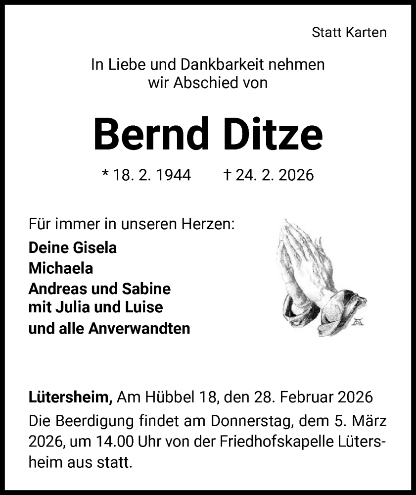  Traueranzeige für Bernd Ditze vom 28.02.2026 aus WLZ