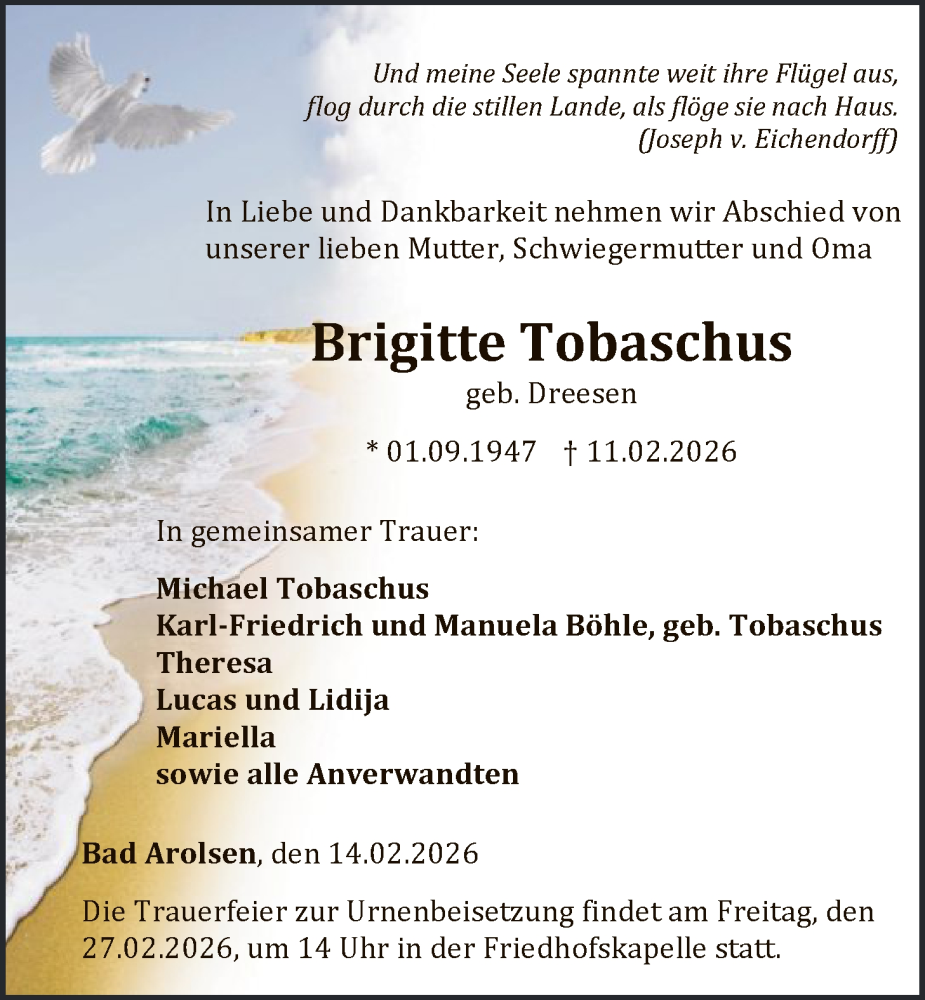  Traueranzeige für Brigitte Tobaschus vom 14.02.2026 aus WLZ