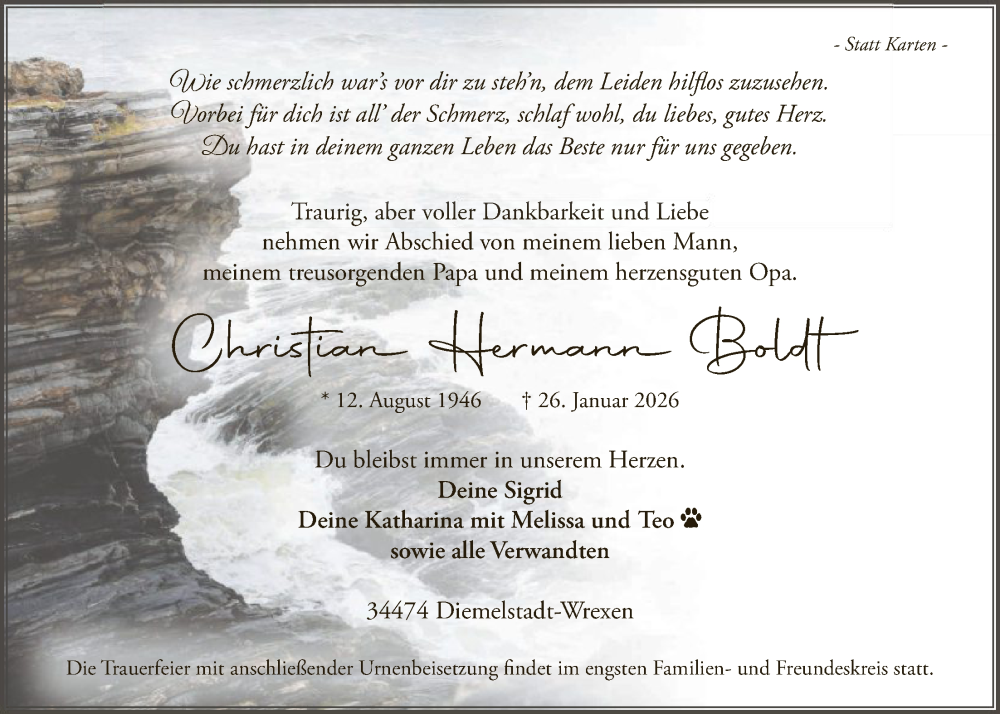  Traueranzeige für Christian Hermann Boldt vom 07.02.2026 aus WLZ