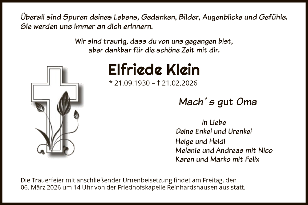 Traueranzeige für Elfriede Klein vom 28.02.2026 aus WLZ