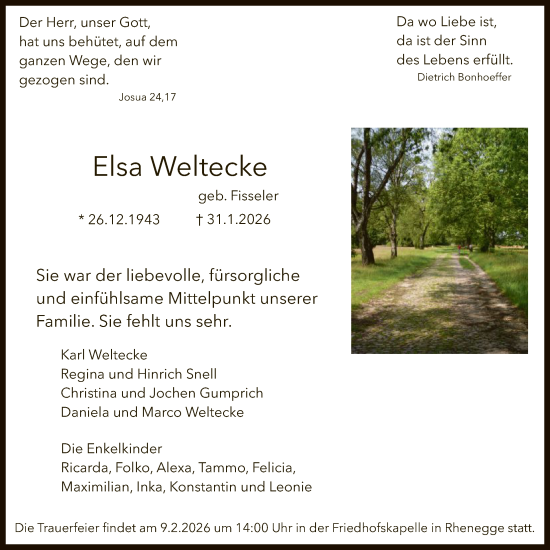 Traueranzeige von Elsa Weltecke von WLZ