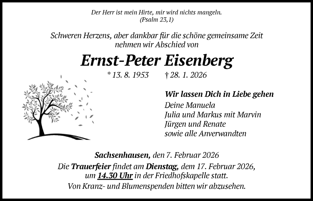  Traueranzeige für Ernst-Peter Eisenberg vom 07.02.2026 aus WLZ