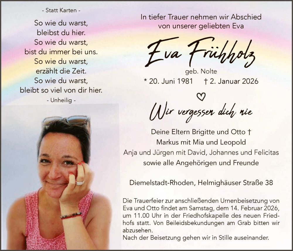  Traueranzeige für Eva Frühholz vom 07.02.2026 aus WLZ
