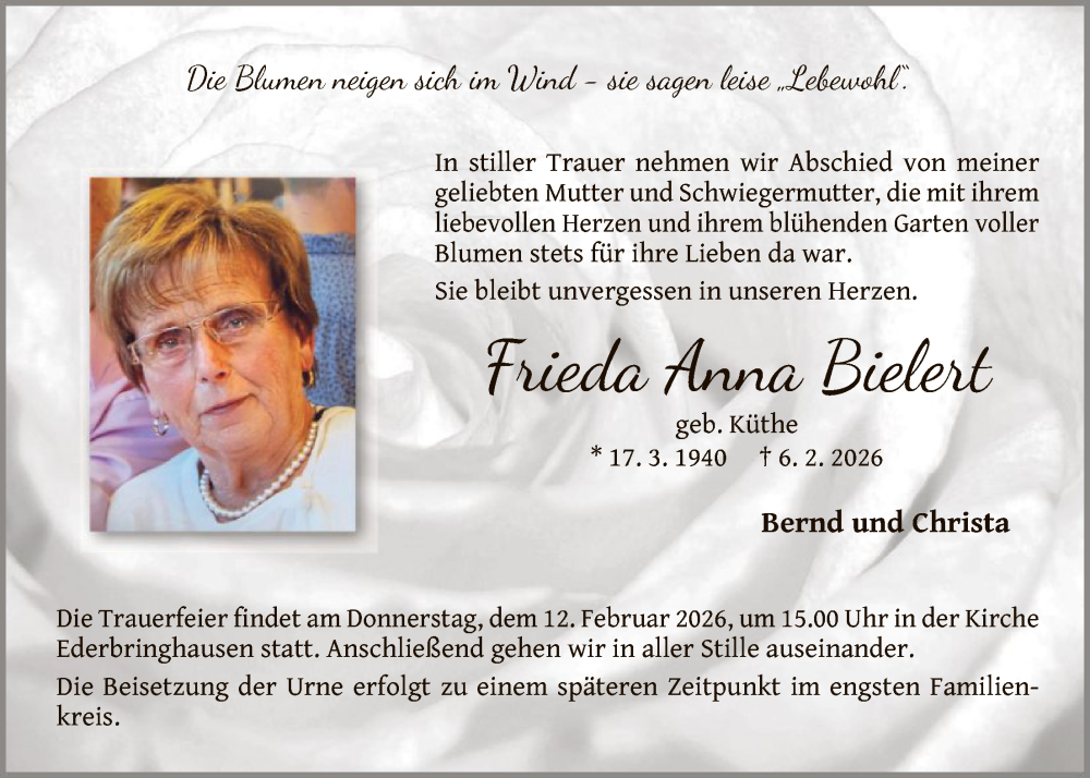  Traueranzeige für Frieda Anna Bielert vom 10.02.2026 aus WLZHNA