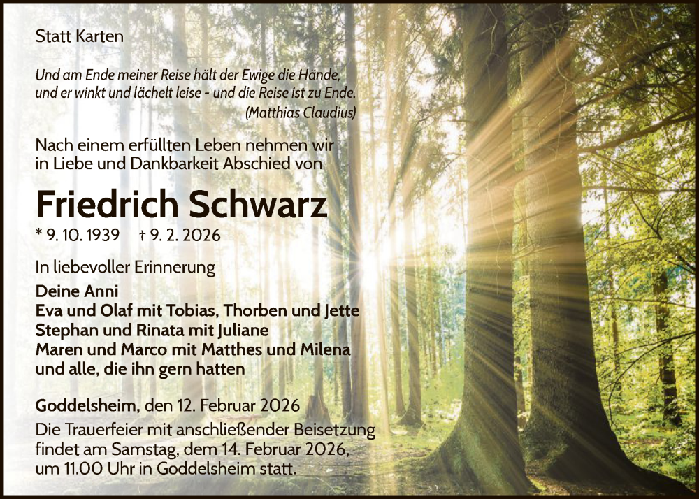  Traueranzeige für Friedrich Schwarz vom 12.02.2026 aus WLZ