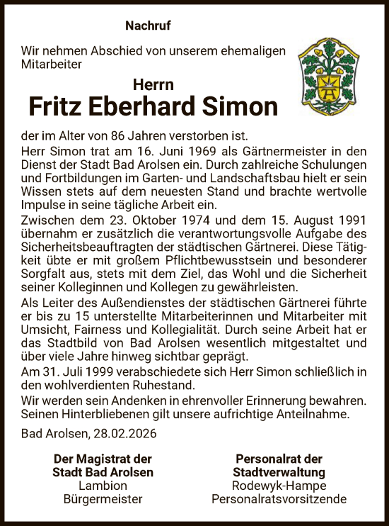 Traueranzeige von Fritz Eberhard Simon von WLZ
