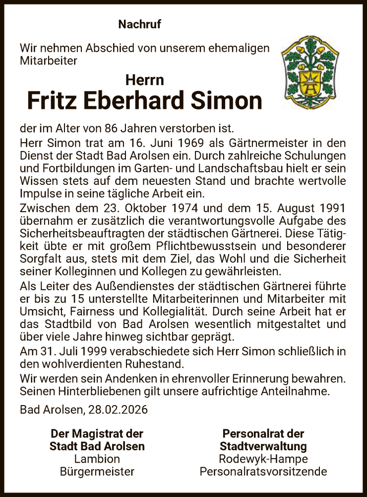  Traueranzeige für Fritz Eberhard Simon vom 28.02.2026 aus WLZ