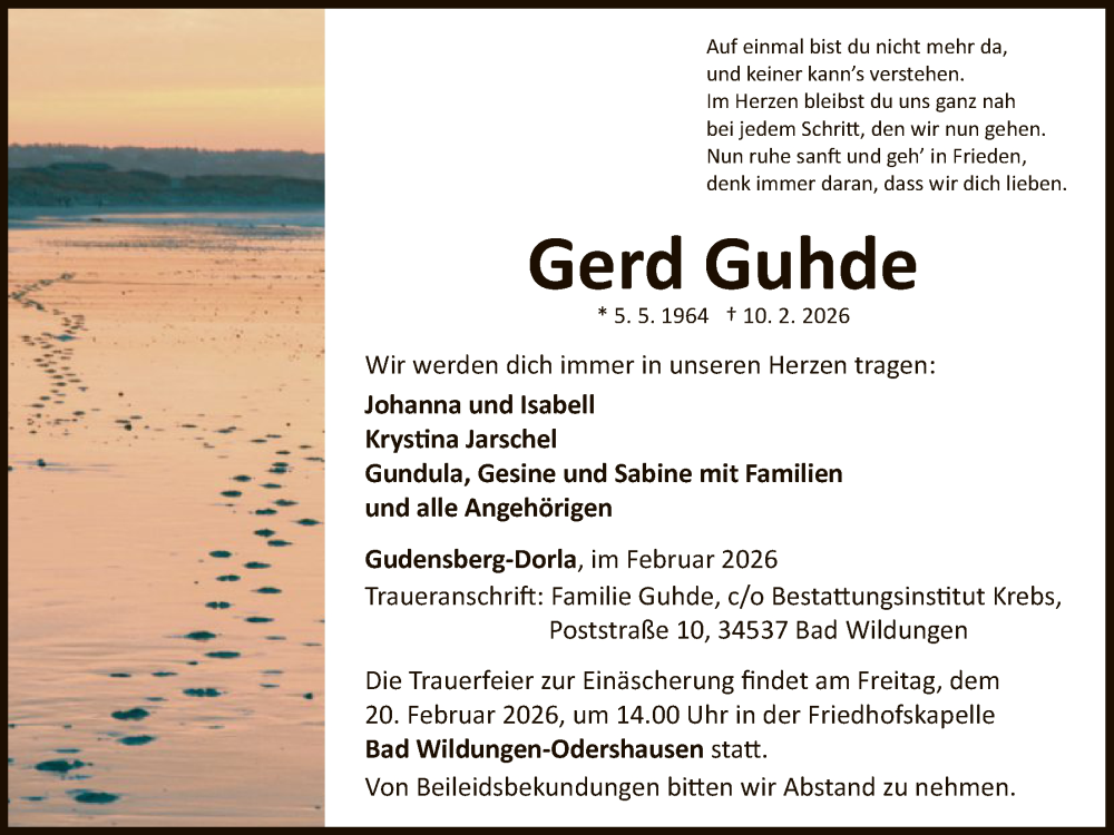  Traueranzeige für Gerd Guhde vom 15.02.2026 aus WLZHNA