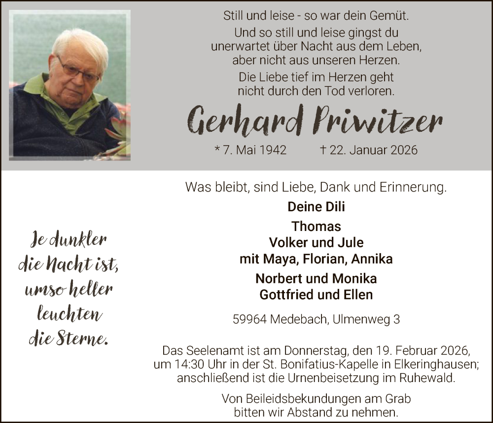  Traueranzeige für Gerhard Priwitzer vom 07.02.2026 aus WLZ