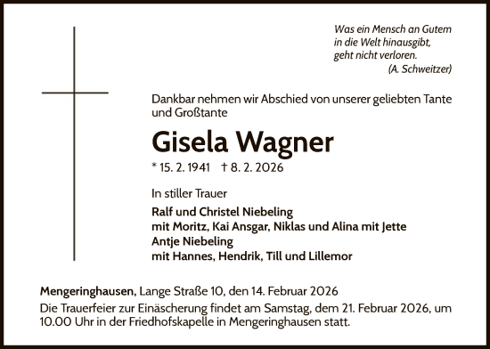 Traueranzeige von Gisela Wagner von WLZ