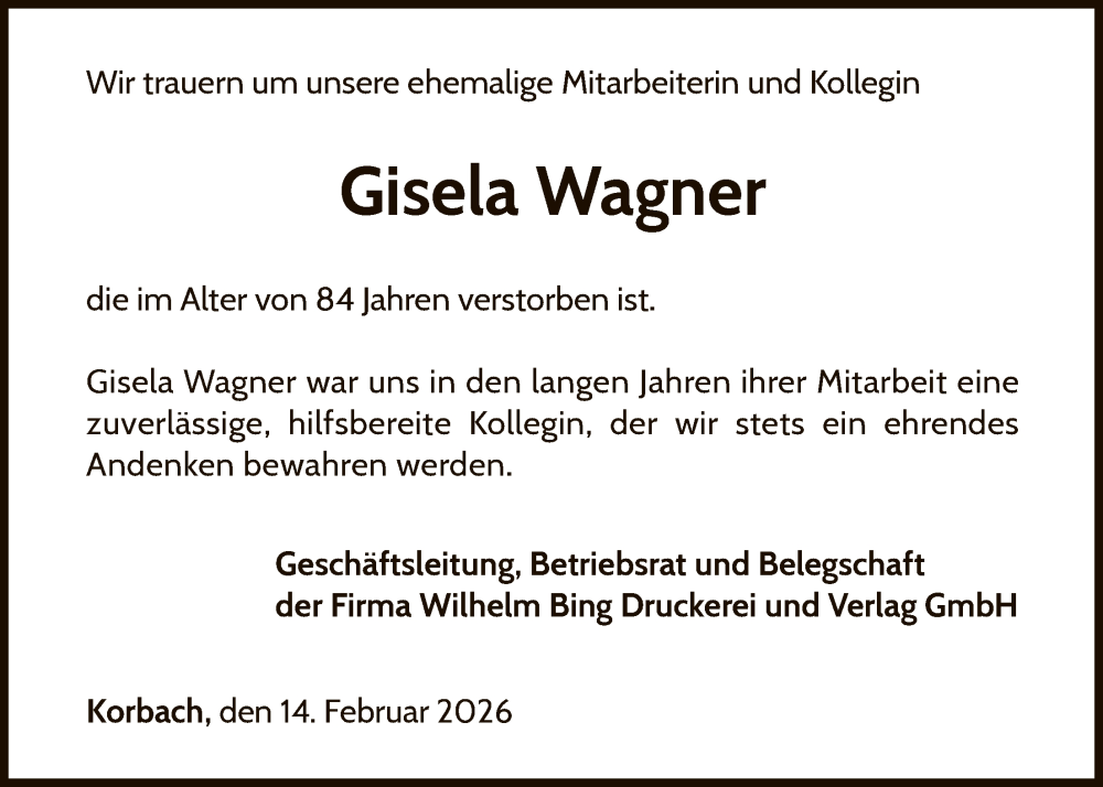  Traueranzeige für Gisela Wagner vom 14.02.2026 aus WLZ