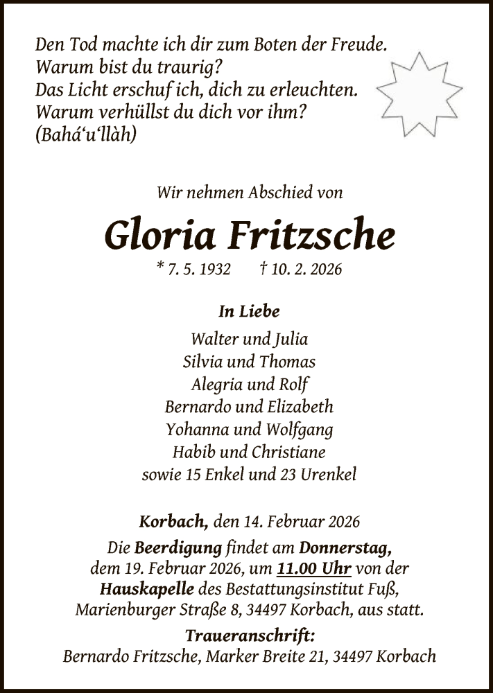  Traueranzeige für Gloria Fritzsche vom 14.02.2026 aus WLZ