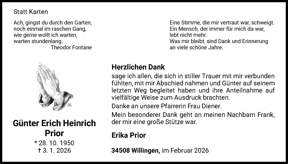  Traueranzeige für Günter Erich Heinrich Prior vom 07.02.2026 aus WLZ