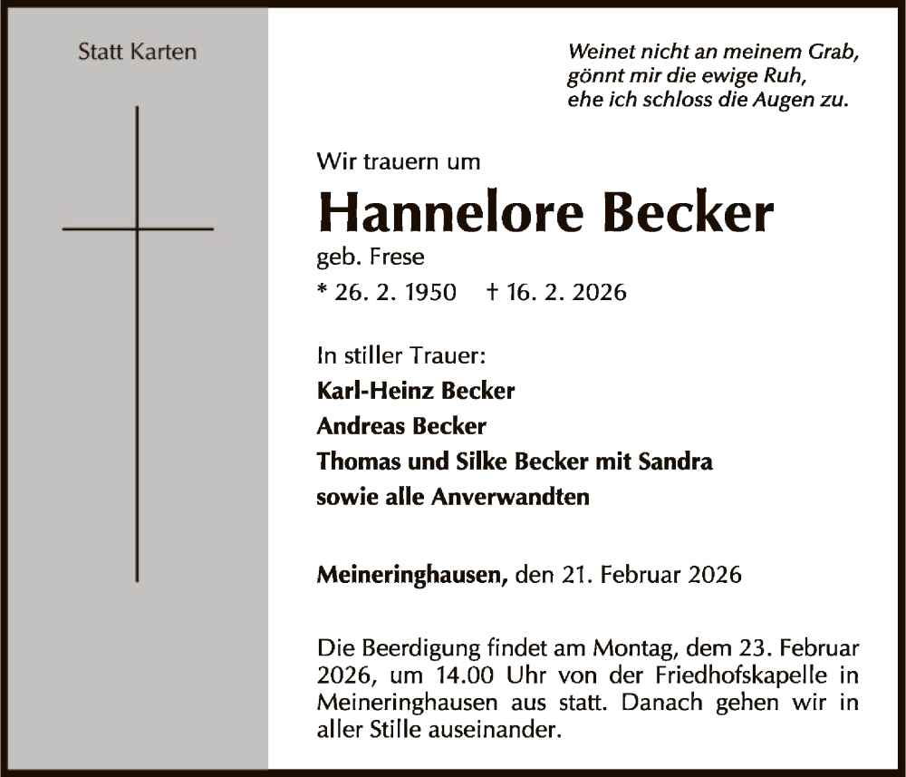 Traueranzeige für Hannelore Becker vom 21.02.2026 aus WLZ