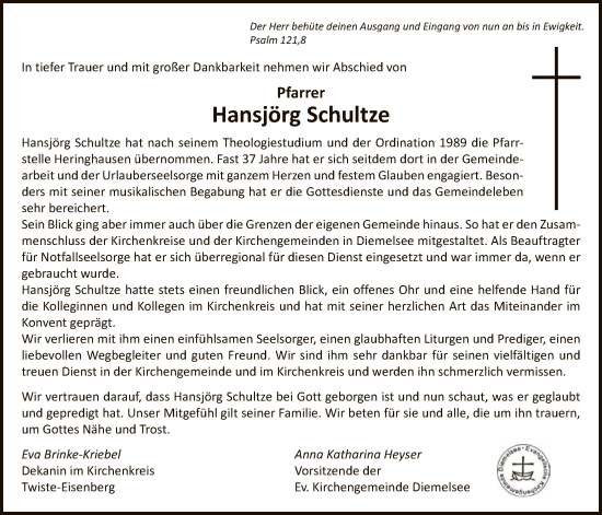 Traueranzeige von Hansjörg Schultze von WLZ