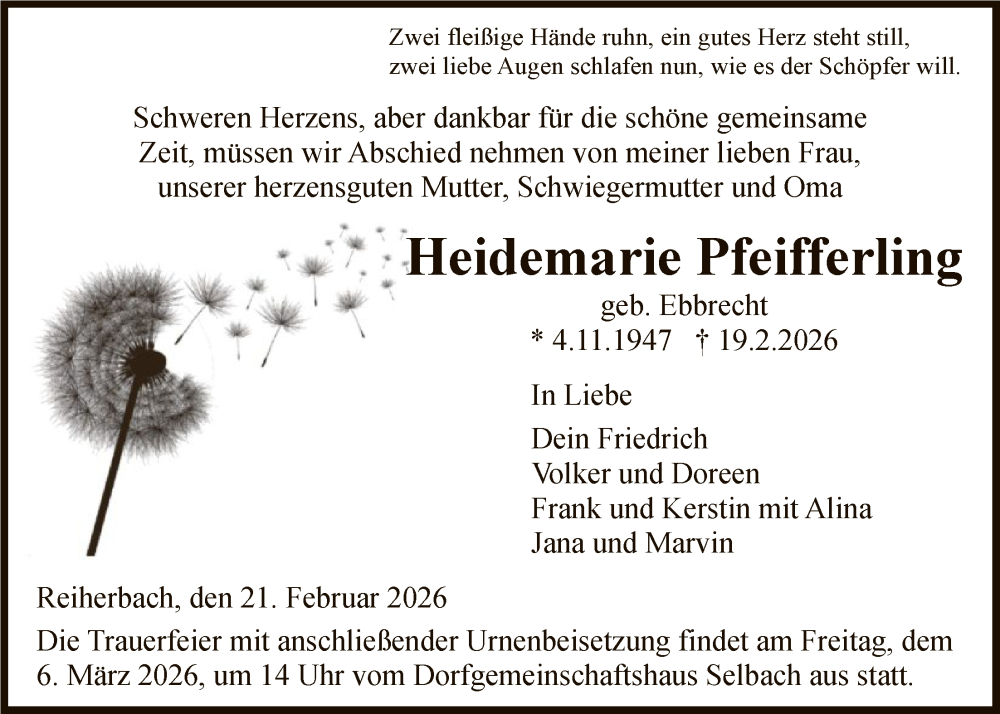  Traueranzeige für Heidemarie Pfeifferling vom 21.02.2026 aus WLZ