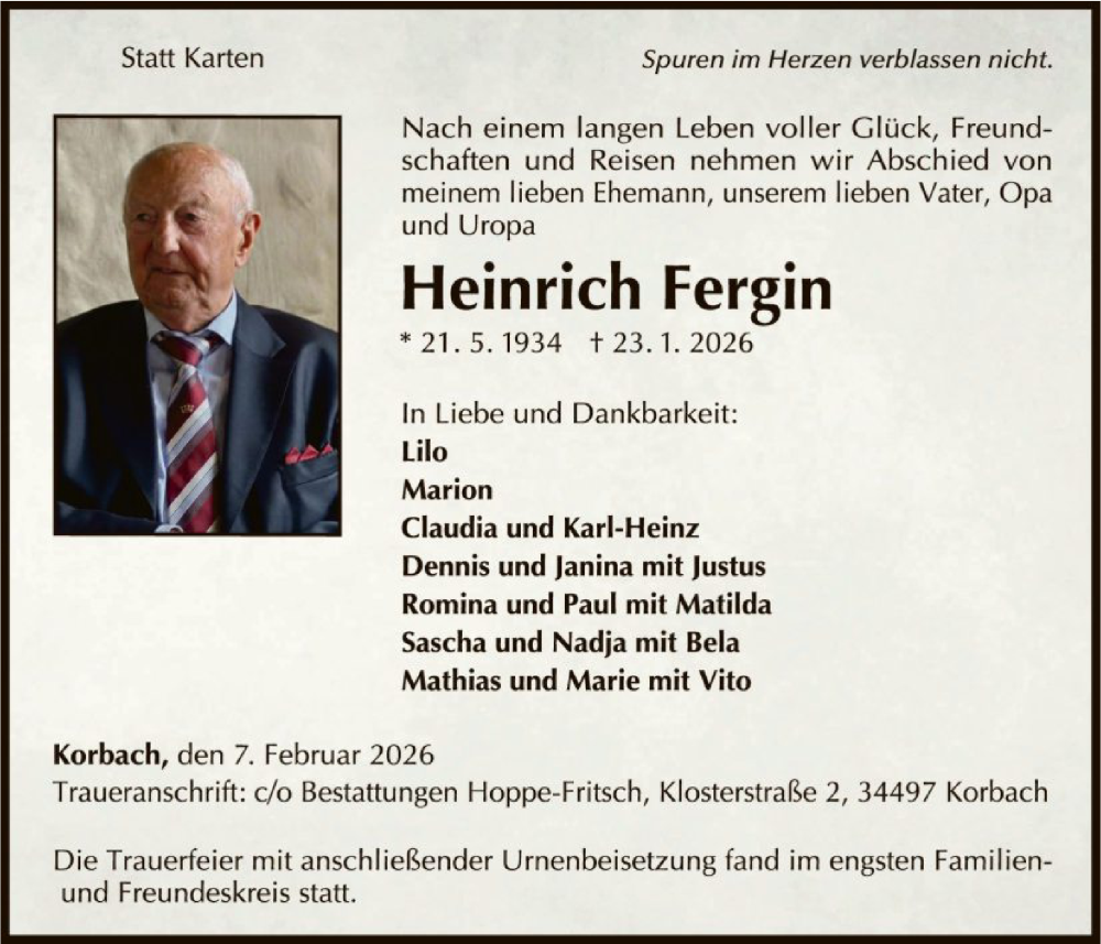  Traueranzeige für Heinrich Fergin vom 07.02.2026 aus WLZ