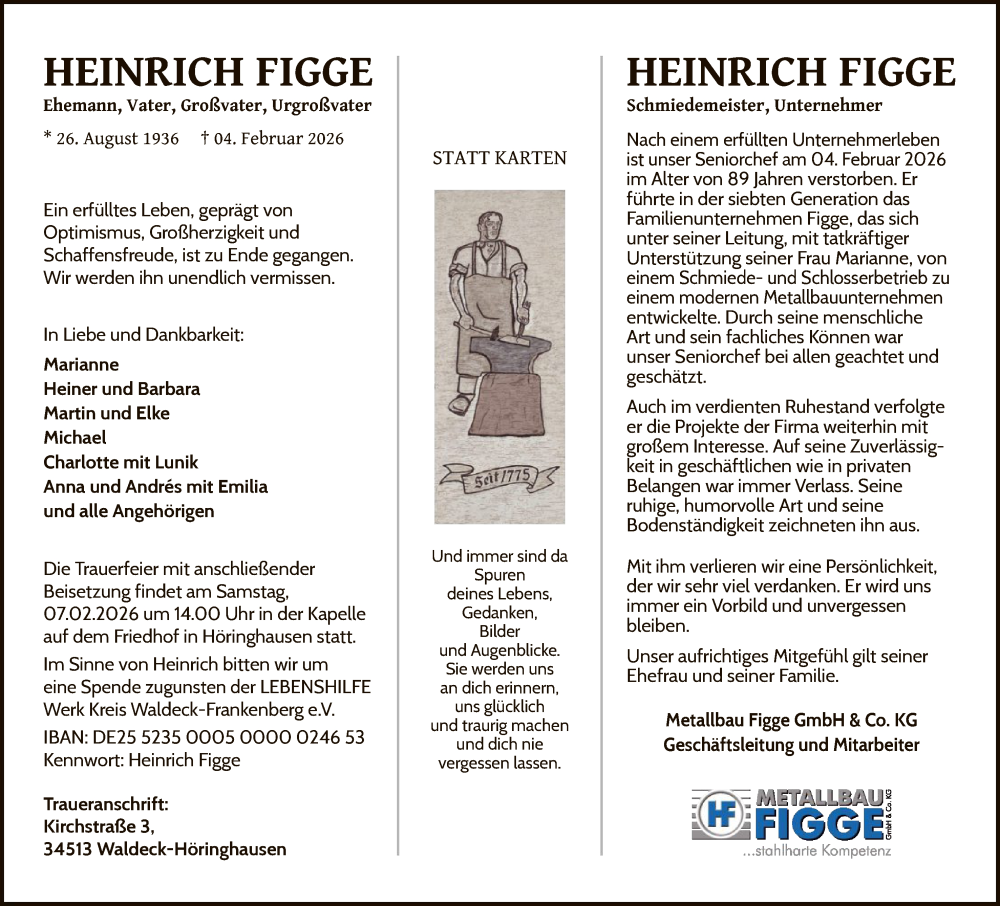  Traueranzeige für Heinrich Figge vom 07.02.2026 aus WLZ