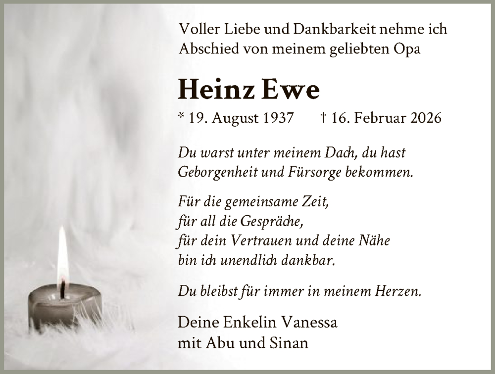  Traueranzeige für Heinz Ewe vom 21.02.2026 aus WLZ