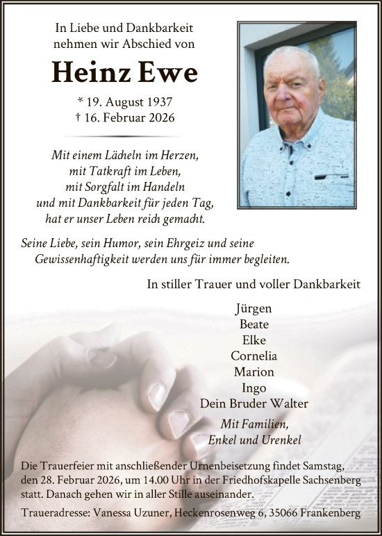 Traueranzeige von Heinz Ewe von WLZ
