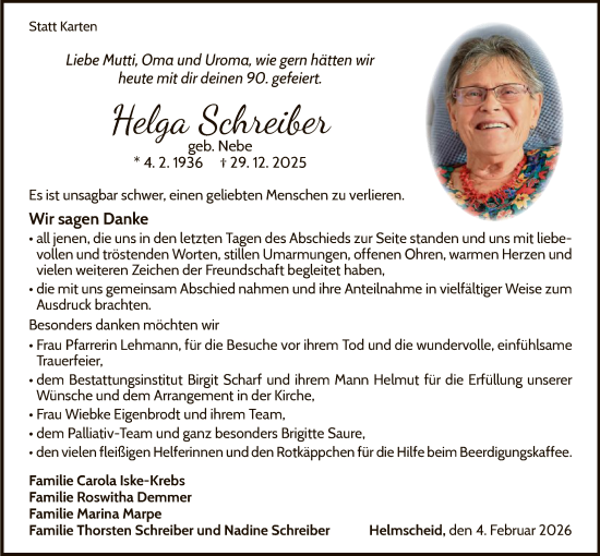 Traueranzeige von Helga Schreiber von WLZ