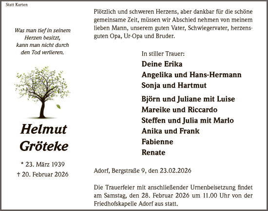 Traueranzeige von Helmut Gröteke von WLZ