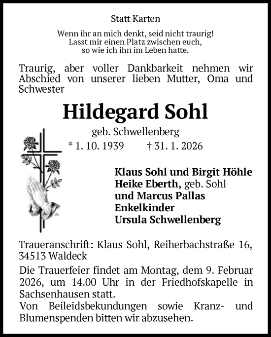 Traueranzeige von Hildegard Sohl von WLZ