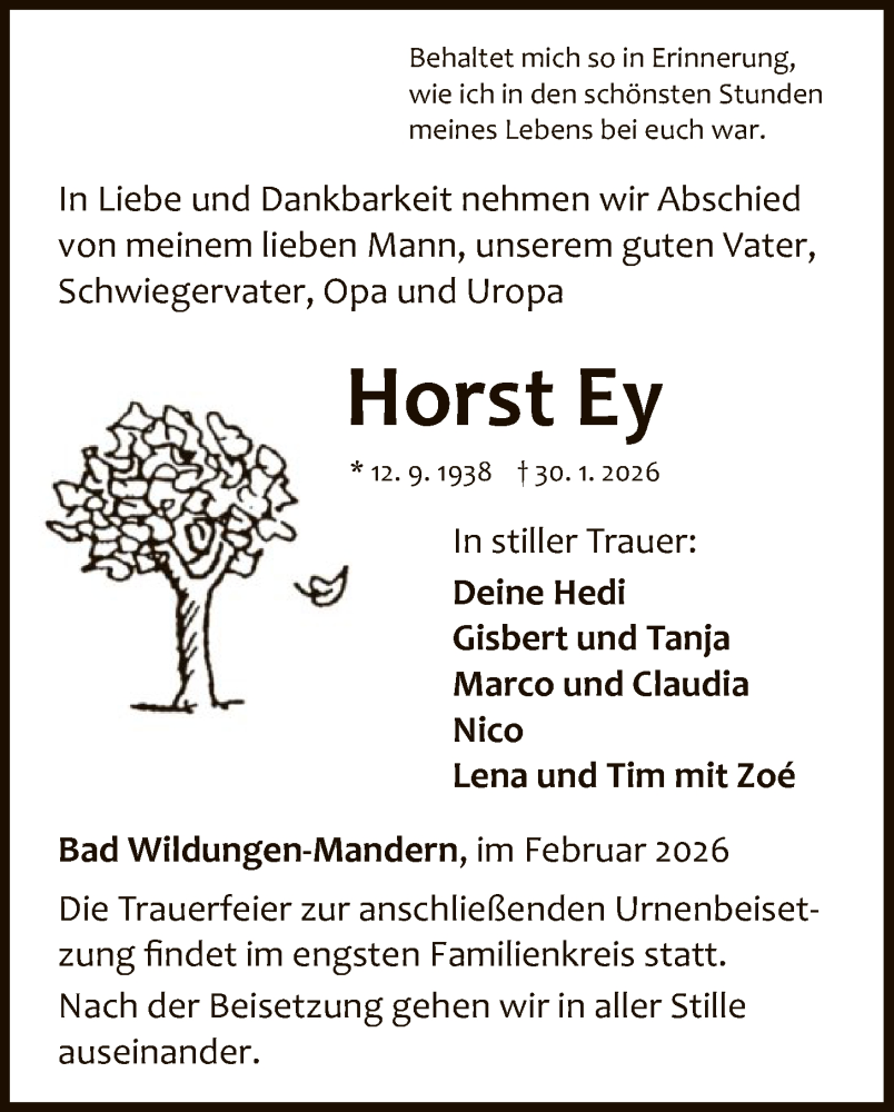  Traueranzeige für Horst Ey vom 07.02.2026 aus WLZ