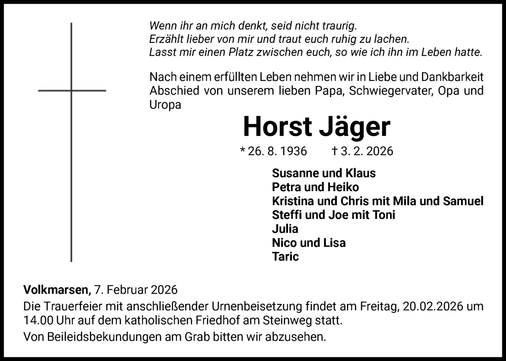  Traueranzeige für Horst Jäger vom 07.02.2026 aus WLZ