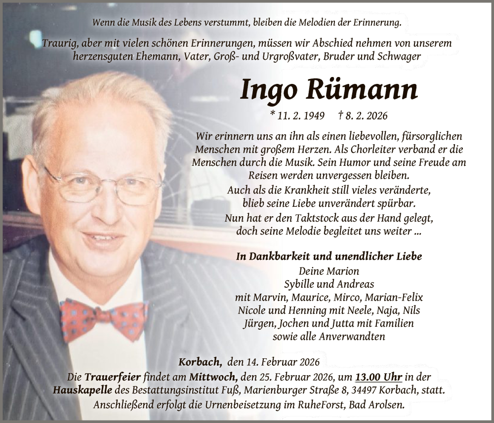 Traueranzeige für Ingo Rümann vom 14.02.2026 aus WLZ