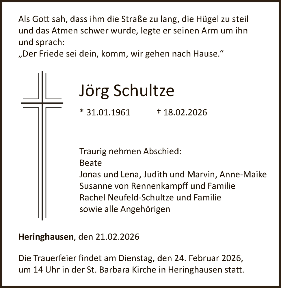  Traueranzeige für Jörg Schultze vom 21.02.2026 aus WLZ