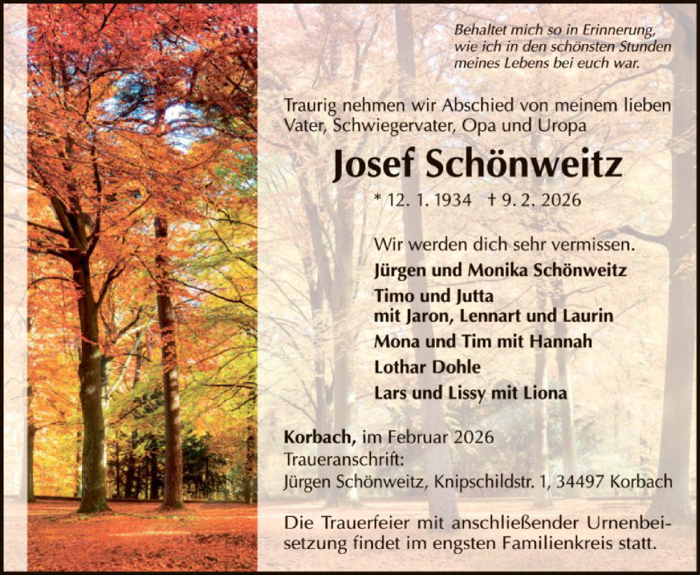  Traueranzeige für Josef Schönweitz vom 14.02.2026 aus WLZ