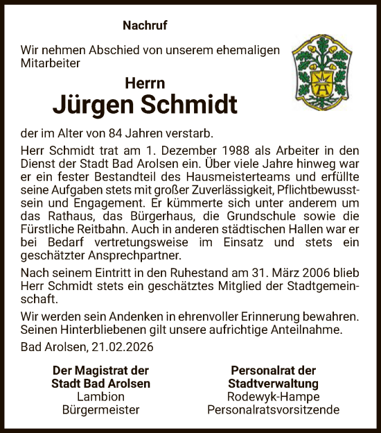 Traueranzeige von Jürgen Schmidt von WLZ