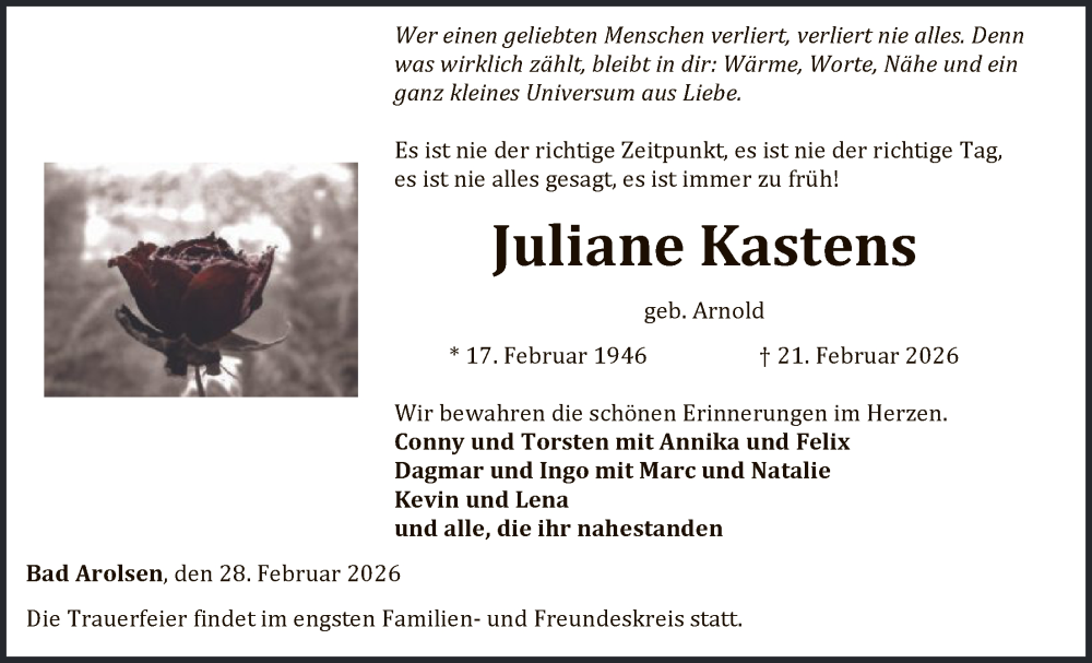  Traueranzeige für Juliane Kastens vom 28.02.2026 aus WLZ
