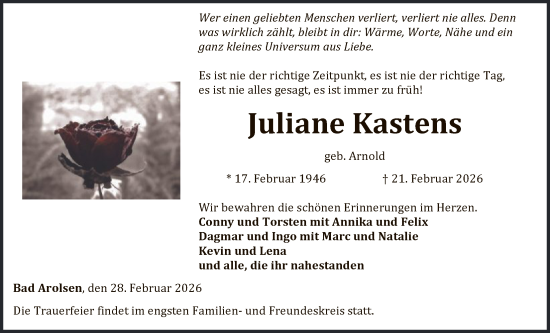Traueranzeige von Juliane Kastens von WLZ