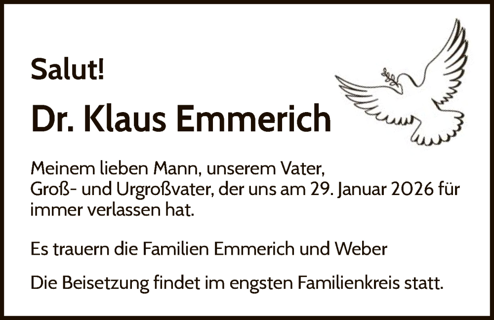  Traueranzeige für Klaus Emmerich vom 07.02.2026 aus WLZ