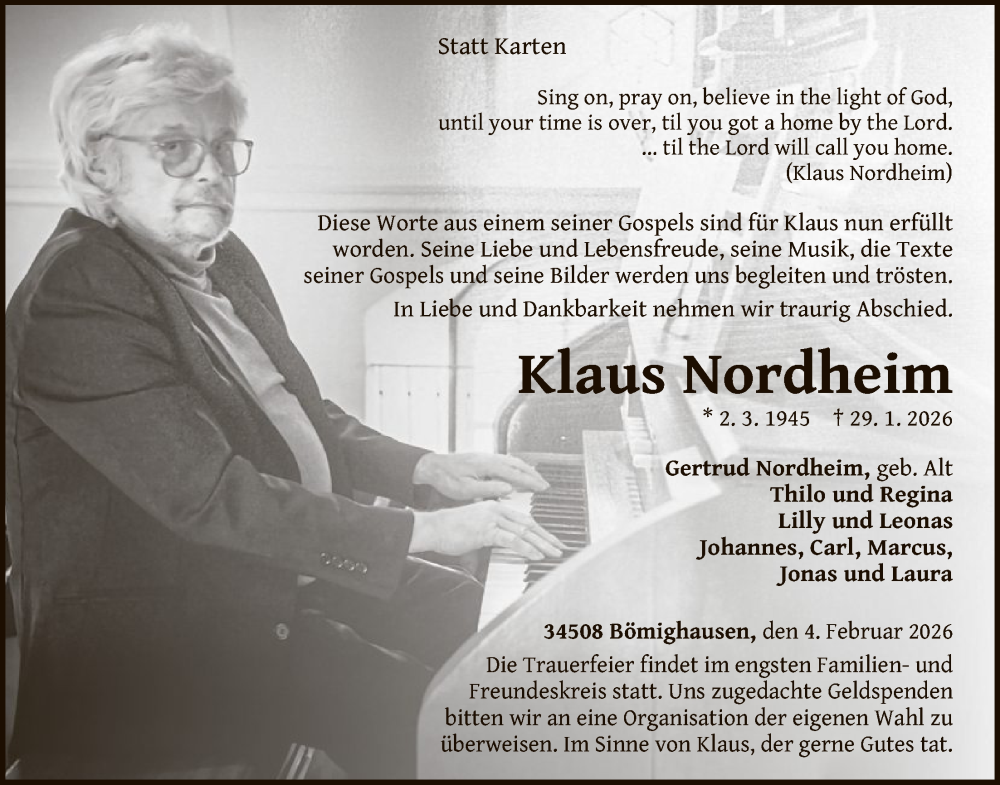  Traueranzeige für Klaus Nordheim vom 04.02.2026 aus WLZ