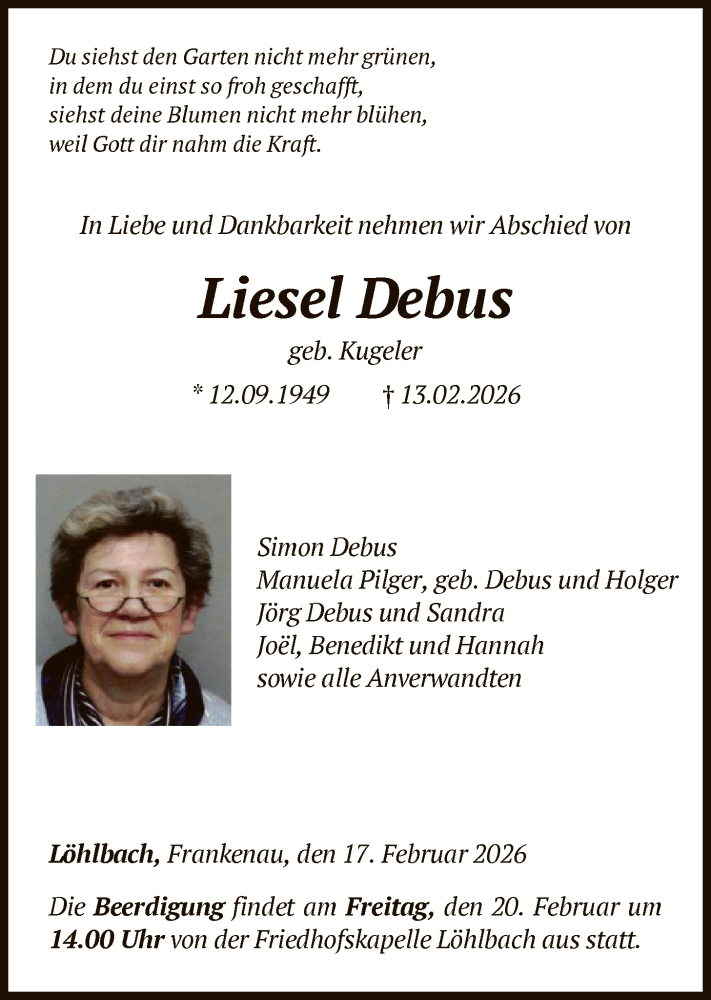  Traueranzeige für Liesel Debus vom 17.02.2026 aus HNAWLZ