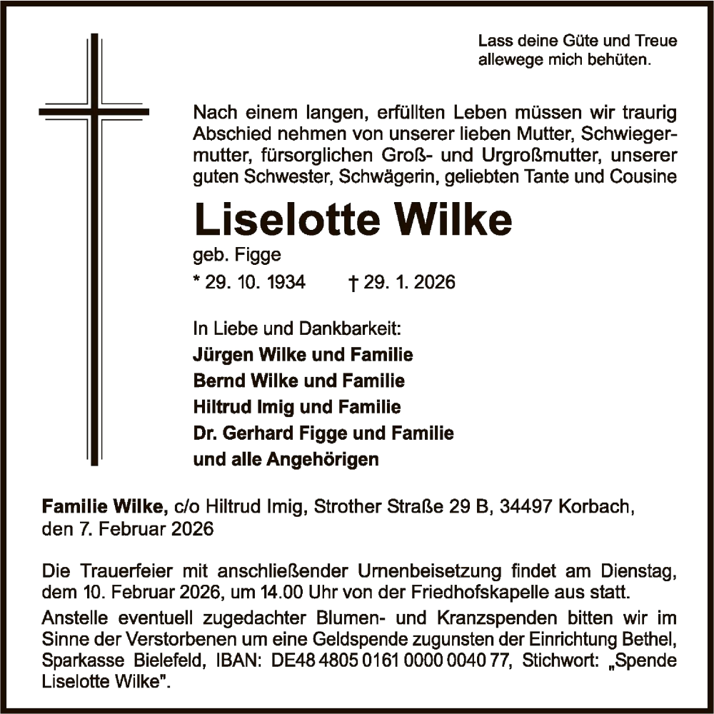  Traueranzeige für Liselotte Wilke vom 07.02.2026 aus WLZ