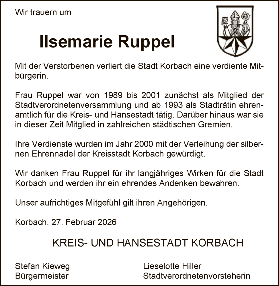  Traueranzeige für Lisemarie Ruppel vom 28.02.2026 aus WLZ