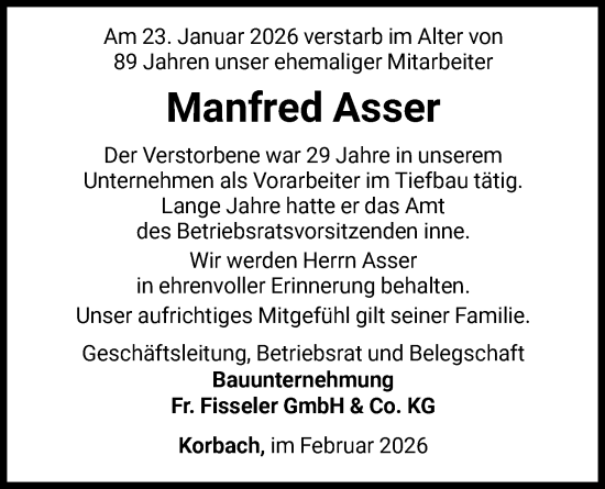 Traueranzeige von Manfred Asser von WLZ