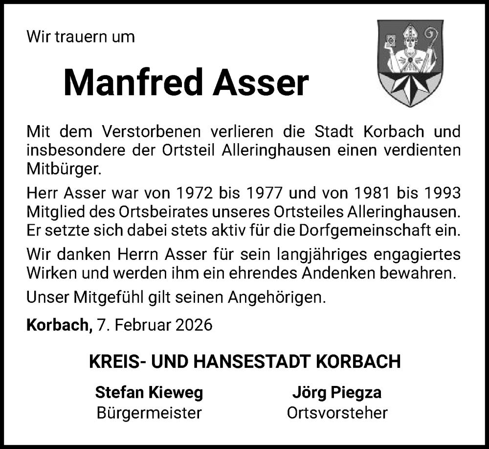  Traueranzeige für Manfred Asser vom 07.02.2026 aus WLZ