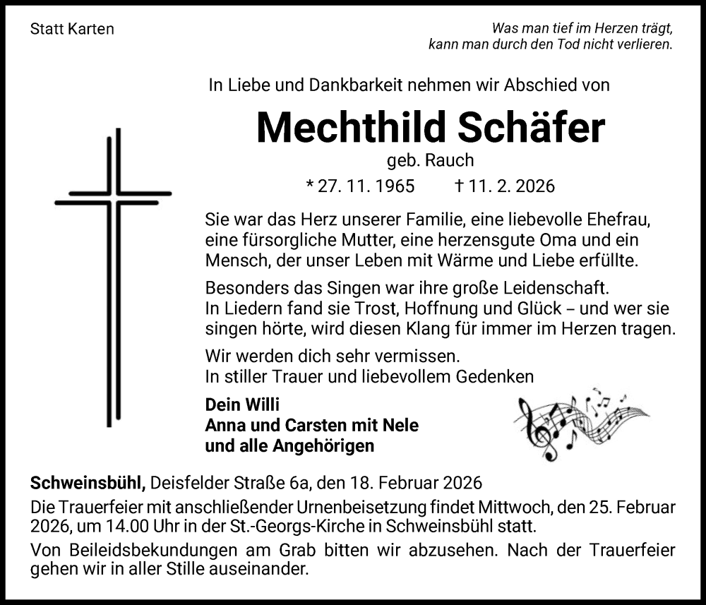  Traueranzeige für Mechthild Schäfer vom 18.02.2026 aus WLZ