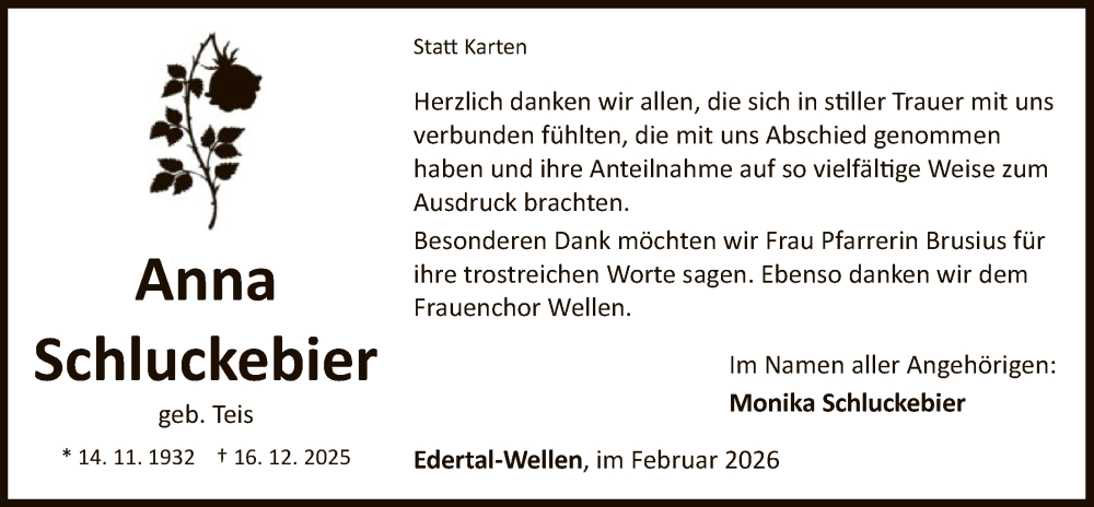  Traueranzeige für Monika Schluckebier vom 07.02.2026 aus WLZ