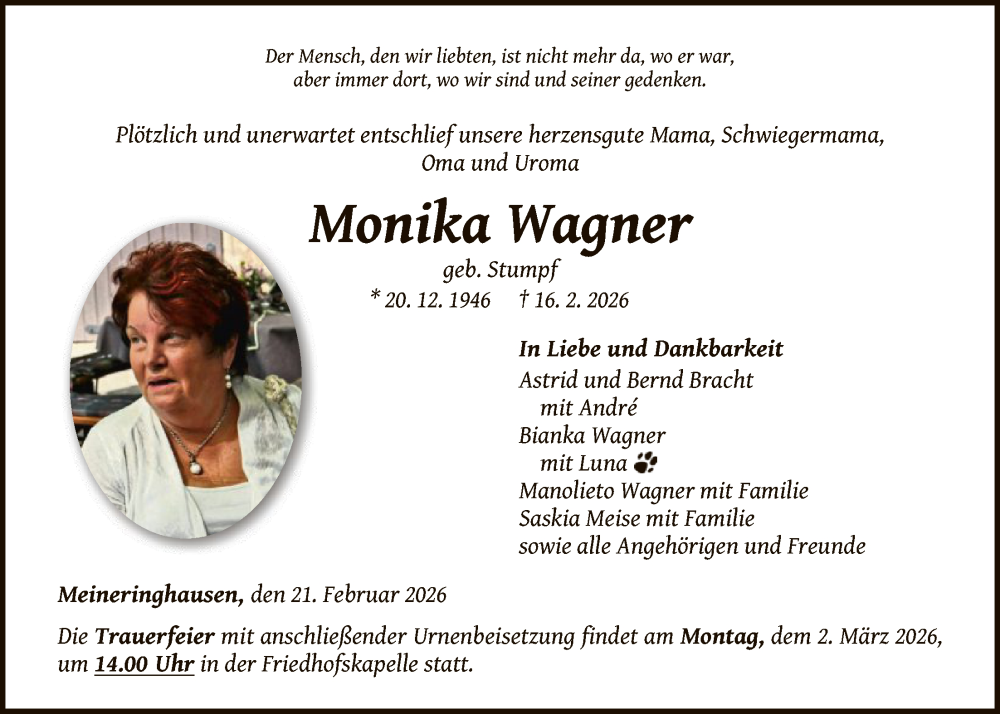  Traueranzeige für Monika Wagner vom 21.02.2026 aus WLZ
