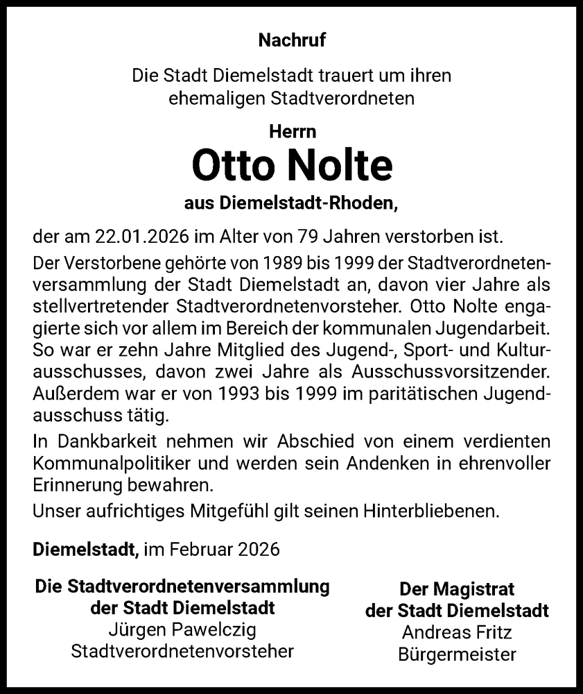  Traueranzeige für Otto Nolte vom 07.02.2026 aus WLZ