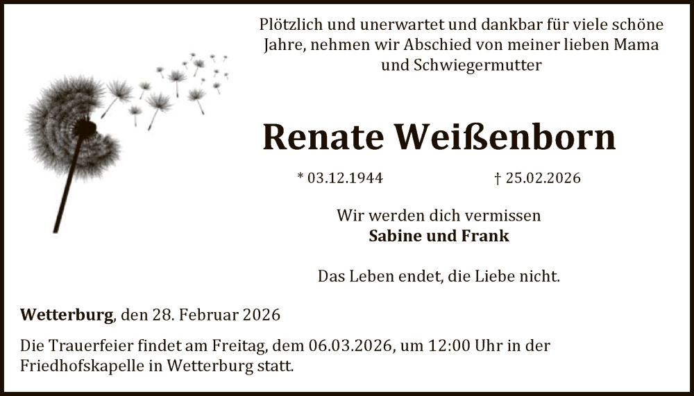  Traueranzeige für Renate Weißenborn vom 28.02.2026 aus WLZ